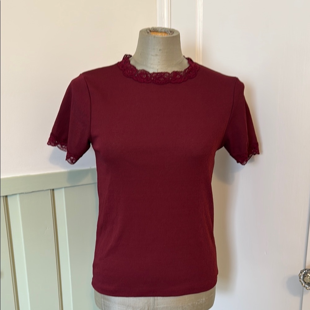 Primark Burgundy Lace Trim Short Sleeve Top